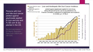 GLYPHOSATE: DESTRUCTOR OF HUMAN HEALTH AND BIODIVERSITY by Rosemary Mason MB ChB FRCA
Persons with liver
and bile duct cancer
plotted against
glyphosate applied
to corn and soy and
% GE corn & soy
planted in the US.
By kind permission of
Dr Nancy Swanson.
Data from USDA and
US CDC
 