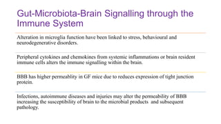 Gut-Microbiota-Brain Signalling through the
Immune System
Alteration in microglia function have been linked to stress, behavioural and
neurodegenerative disorders.
Peripheral cytokines and chemokines from systemic inflammations or brain resident
immune cells alters the immune signalling within the brain.
BBB has higher permeablity in GF mice due to reduces expression of tight junction
protein.
Infections, autoimmune diseases and injuries may alter the permeability of BBB
increasing the susceptibility of brain to the microbial products and subsequent
pathology.
 