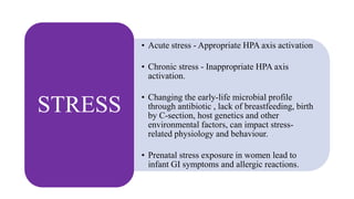• Acute stress - Appropriate HPA axis activation
• Chronic stress - Inappropriate HPA axis
activation.
• Changing the early-life microbial profile
through antibiotic , lack of breastfeeding, birth
by C-section, host genetics and other
environmental factors, can impact stress-
related physiology and behaviour.
• Prenatal stress exposure in women lead to
infant GI symptoms and allergic reactions.
STRESS
 