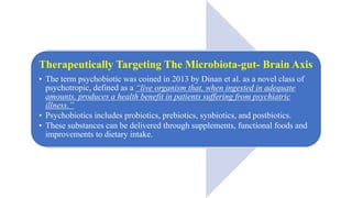 Therapeutically Targeting The Microbiota-gut- Brain Axis
• The term psychobiotic was coined in 2013 by Dinan et al. as a novel class of
psychotropic, defined as a “live organism that, when ingested in adequate
amounts, produces a health benefit in patients suffering from psychiatric
illness.”
• Psychobiotics includes probiotics, prebiotics, synbiotics, and postbiotics.
• These substances can be delivered through supplements, functional foods and
improvements to dietary intake.
 