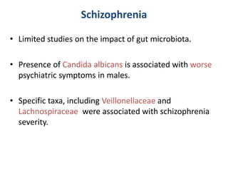 Schizophrenia
• Limited studies on the impact of gut microbiota.
• Presence of Candida albicans is associated with worse
psychiatric symptoms in males.
• Specific taxa, including Veillonellaceae and
Lachnospiraceae were associated with schizophrenia
severity.
 