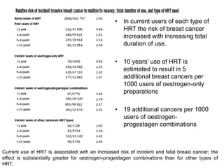 • In current users of each type of
HRT the risk of breast cancer
increased with increasing total
duration of use.
• 10 years' use of HRT is
estimated to result in 5
additional breast cancers per
1000 users of oestrogen-only
preparations
• 19 additional cancers per 1000
users of oestrogen-
progestagen combinations
Current use of HRT is associated with an increased risk of incident and fatal breast cancer; the
effect is substantially greater for oestrogen-progestagen combinations than for other types of
HRT.
 