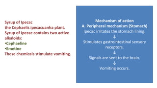 Syrup of Ipecac
the Cephaelis ipecacuanha plant.
Syrup of Ipecac contains two active
alkaloids:
•Cephaeline
•Emetine
These chemicals stimulate vomiting.
Mechanism of action
A. Peripheral mechanism (Stomach)
Ipecac irritates the stomach lining.
↓
Stimulates gastrointestinal sensory
receptors.
↓
Signals are sent to the brain.
↓
Vomiting occurs.
 
