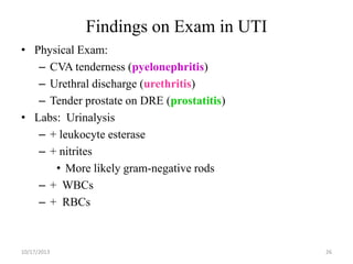 Findings on Exam in UTI
• Physical Exam:
– CVA tenderness (pyelonephritis)
– Urethral discharge (urethritis)
– Tender prostate on DRE (prostatitis)
• Labs: Urinalysis
– + leukocyte esterase
– + nitrites
• More likely gram-negative rods
– + WBCs
– + RBCs

10/17/2013

26

 