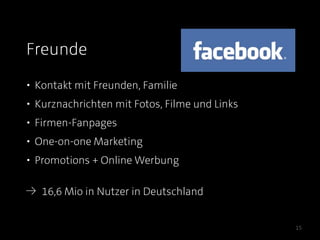 Freunde
• Kontakt mit Freunden, Familie
• Kurznachrichten mit Fotos, Filme und Links
• Firmen-Fanpages
• One-on-one Marketing
• Promotions + Online Werbung


≥   16,6 Mio in Nutzer in Deutschland


                                               15
 