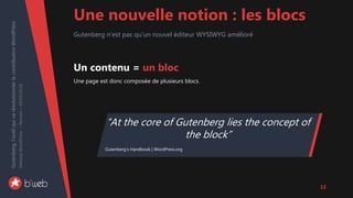 Gutenberg,l’outilquivarévolutionnerlacontributionWordPress
MeetupWordPress–Rennes–29/03/2018
Un contenu = un bloc
Une page...