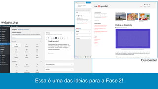 Essa é uma das ideias para a Fase 2!
Customizer
widgets.php
 