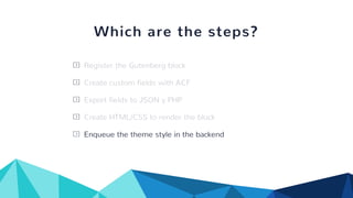 Export fields to JSON y PHP
Register the Gutenberg block
Create custom fields with ACF
Create HTML/CSS to render the block
Enqueue the theme style in the backend
Which are the steps?
 