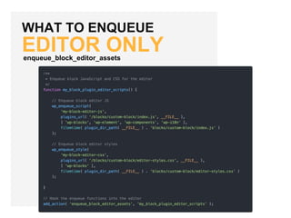 WHAT TO ENQUEUE
EDITOR ONLYenqueue_block_editor_assets
 