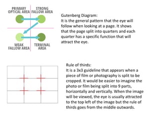 Gutenberg Diagram:
It is the general pattern that the eye will
follow when looking at a page. It shows
that the page split into quarters and each
quarter has a specific function that will
attract the eye.
Rule of thirds:
It is a 3x3 guideline that appears when a
piece of film or photography is split to be
cropped. It would be easier to imagine the
photo or film being split into 9 parts,
horizontally and vertically. When the image
will be viewed, the eye is usually attracted
to the top left of the image but the rule of
thirds goes from the middle outwards.
 