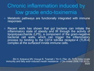 Chronic inflammation induced by
low grade endo-toxinemia
 Metabolic pathways are functionally integrated with immune
responses
 Recent work has shown that gut bacteria can initiate the
inflammatory state of obesity and IR through the activity of
lipopolysaccharide (LPS), a component of the gram-negative
bacterial cell walls, which can trigger the inflammatory
process by binding to the CD14 toll-like receptor-4 (TLR-4)
complex at the surfaceof innate immune cells.
Shi H, Kokoeva MV, Inouye K, Tzameli I, Yin H, Flier JS. TLR4 links innate
immunity and fatty acid–induced insulin resistance. J Clin Invest 2006;116:3015–
3025
 