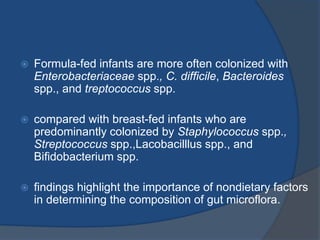  Formula-fed infants are more often colonized with
Enterobacteriaceae spp., C. difficile, Bacteroides
spp., and treptococcus spp.
 compared with breast-fed infants who are
predominantly colonized by Staphylococcus spp.,
Streptococcus spp.,Lacobacilllus spp., and
Bifidobacterium spp.
 findings highlight the importance of nondietary factors
in determining the composition of gut microflora.
 