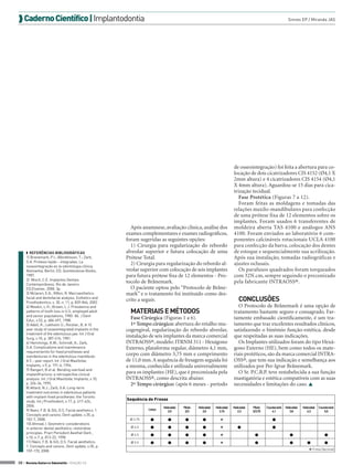  Caderno Científico | Implantodontia                                                                                                                            Sinnes EP / Miranda JAS




                                                                                                                           de osseointegração) foi feita a abertura para co-
                                                                                                                           locação de dois cicatrizadores CIS 4152 (Ø4,1 X
                                                                                                                           2mm altura) e 4 cicatrizadores CIS 4154 (Ø4,1
                                                                                                                           X 4mm altura). Aguardou-se 15 dias para cica-
                                                                                                                           trização tecidual.
                                                                                                                              Fase Protética (Figuras 7 a 12).
                                                                                                                              Foram feitas as moldagens e tomadas das
                                                                                                                           relações maxilo-mandibulares para confecção
                                                                                                                           de uma prótese fixa de 12 elementos sobre os
                                                                                                                           implantes. Foram usados 6 transferentes de
                                                           Após anamnese, avaliação clínica, análise dos                   moldeira aberta TAS 4100 e análogos ANS
                                                         exames complementares e exames radiográficos,                     4100. Foram enviados ao laboratório 6 com-
                                                         foram sugeridas as seguintes opções:                              ponentes calcináveis rotacionais UCLA 4100
                                                           1) Cirurgia para regularização do rebordo                       para confecção da barra, colocação dos dentes
     ◗◗ REFERÊNCIAS BIBLIOGRÁFICAS                       alveolar superior e futura colocação de uma                       de estoque e sequencialmente sua acrilização.
     1) Branemark, P.I.; Albrektsson, T.; Zarb,          Prótese Total.                                                    Após sua instalação, tomadas radiográficas e
     G.A. Protesis tejido - integradas. La
     osseointegração en Ia odontologia clínica.
                                                           2) Cirurgia para regularização do rebordo al-                   ajustes oclusais.
     Alemanha, Berlin: ED. Quintessense Books,           veolar superior com colocação de seis implantes                      Os parafusos quadrados foram torqueados
     1987.                                               para futura prótese fixa de 12 elementos - Pro-                   com 32N.cm, sempre seguindo o preconizado
     2) Misch, C.E. Implantes Dentais
     Contemporâneos. Rio de Janeiro:
                                                         tocolo de Brånemark.                                              pela fabricante INTRAOSS®.
     ED.Elsevier, 2008. 3p.                                O paciente optou pelo “Protocolo de Bråne-
     3) Mclaren, E.A.; Rifkin, R. Macroesthetics:        mark” e o tratamento foi instituído como des-
     facial and dentofacial analysis. Esthetics and
     Prosthodontics, v. 30, n. 11, p. 839-846, 2002.
                                                         crito a seguir.                                                       CONCLUSÕES
     4) Meskin, L.H.; Brown, L.J. Prevalence and                                                                             O Protocolo de Brånemark é uma opção de
     patterns of tooth loss in U.S. employed adult         MATERIAIS E MÉTODOS                                             tratamento bastante seguro e consagrado. Far-
     and senior populations, 1985- 86. J Dent
     Educ, v.52, p. 686-691, 1988.
                                                           Fase Cirúrgica (Figuras 1 a 6).                                 tamente embasado cientificamente, é um tra-
     5) Adell, R.; Lekholm U.; Rockler, B. A 15            1º Tempo cirúrgico: abertura do retalho mu-                     tamento que traz excelentes resultados clínicos,
     year study of osseointegrated implants in the       cogengival, regularização do rebordo alveolar,                    satisfazendo o binômio função-estética, desde
     treatment of the edentulous jaw. Int J Oral
     Surg, v.10, p. 387-416, 1981.
                                                         instalação de seis implantes da marca comercial                   que respeitadas as suas indicações.
     6) Hemmings, K.W.; Schmidt, A.; Zarb,               INTRAOSS®, modelo: ITRNM 311 - Hexágono                             Os Implantes utilizados foram do tipo Hexá-
     G.A. Complications and maintenance                  Externo, plataforma regular, diâmetro 4,1 mm,                     gono Externo (HE), bem como todos os mate-
     requirememts for fixed prostheses and
     overdentures in the edentulous mandibule:
                                                         corpo com diâmetro 3,75 mm e comprimento                          riais protéticos, são da marca comercial INTRA-
     A 5 – year report. Int J Oral Maxillofac            de 11,0 mm. A sequência de fresagem seguida foi                   OSS®, que tem sua indicação e semelhança aos
     Implants, v.9, p. 191-6, 1994.                      a mesma, conhecida e utilizada universalmente                     utilizados por Per-Igvar Brånemark.
     7) Rangert, B et al. Bending overload and
     implantfracture: a retrospective clinical
                                                         para os implantes (HE), que é preconizada pela                      O Sr. P.C.B.P. teve restabelecida a sua função
     analysis. Int J Oral Maxillofac Implants, v.10,     INTRAOSS®, como descrita abaixo:                                  mastigatória e estética compatíveis com as suas
     p. 326-34, 1995.                                      2º Tempo cirúrgico: (após 6 meses - período                     necessidades e limitações do caso. 
     8) Attard, N.J.; Zarb, G.A. Long-term
     treatment outcomes in edentulous patients
     with implant-fixed prostheses: the Toronto
     study. Int j Prosthodont, v.17, p. 417-424,
                                                         Sequência de Fresas
     2004.                                                                 Helicoidal   Piloto   Helicoidal   Helicoidal   Helicoidal   Piloto   Countersink   Helicoidal   Helicoidal   Countersink
     9) Naini, F.B. & Gill, D.S. Facial aesthetics: 1.             Lança
                                                                              2.0        2/3        3.0         3.15          2.3       3/3.75       4.1          3.8          4.3           5.0
     Concepts and canons. Dent update, v.35, p.
     102-7, 2008.                                         Ø 3.75                                                                                
     10) Ahmad, I. Geometric considerations
     in anterior dental aesthetics: restorative            Ø 4.0                                                                               
     principles. Pract Periodont Aesthet Dent.,            Ø 4.5                                                                                                                      
     v.10, n.7, p. 813-22, 1998.
     11) Naini, F.B. & Gill, D.S. Facial aesthetics:       Ø 5.0                                                                                                                     
     1. Concepts and canons. Dent update, v.35, p.
                                                                                                                                                                                  Fresa Opcional
     159-170, 2008.


30 > Revista Gutierre Odontolife - EDIÇÃO 53
 