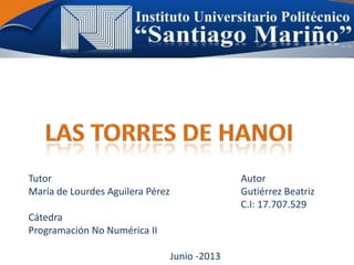 Tutor Autor
María de Lourdes Aguilera Pérez Gutiérrez Beatriz
C.I: 17.707.529
Cátedra
Programación No Numérica II
Junio -2013
 