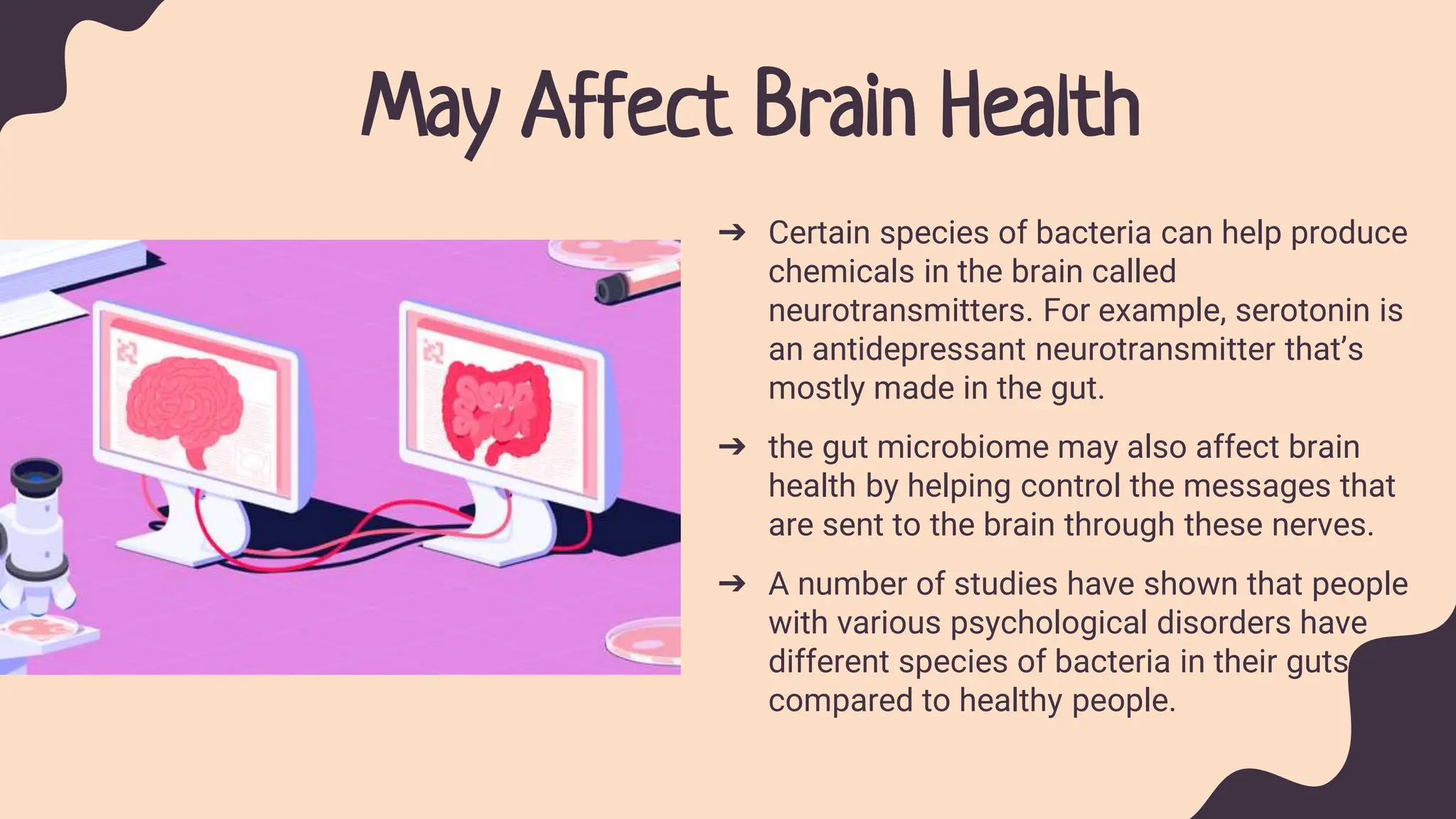 May Affect Brain Health
➔ Certain species of bacteria can help produce
chemicals in the brain called
neurotransmitters. For example, serotonin is
an antidepressant neurotransmitter that’s
mostly made in the gut.
➔ the gut microbiome may also affect brain
health by helping control the messages that
are sent to the brain through these nerves.
➔ A number of studies have shown that people
with various psychological disorders have
different species of bacteria in their guts,
compared to healthy people.
 