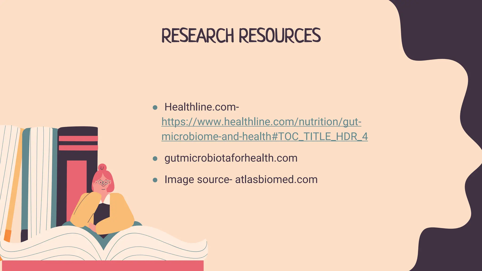 RESEARCH RESOURCES
● Healthline.com-
https://www.healthline.com/nutrition/gut-
microbiome-and-health#TOC_TITLE_HDR_4
● gutmicrobiotaforhealth.com
● Image source- atlasbiomed.com
 