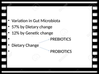 • Variation in Gut Microbiota
• 57% by Dietary change
• 12% by Genetic change
• PREBIOTICS
• Dietary Change
• PROBIOTICS
 