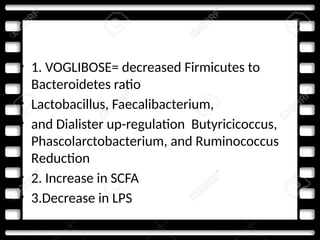 • 1. VOGLIBOSE= decreased Firmicutes to
Bacteroidetes ratio
• Lactobacillus, Faecalibacterium,
• and Dialister up-regulation Butyricicoccus,
Phascolarctobacterium, and Ruminococcus
Reduction
• 2. Increase in SCFA
• 3.Decrease in LPS
 