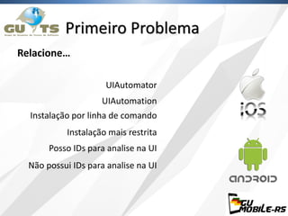 Primeiro Problema
Relacione…
UIAutomator
UIAutomation
Instalação mais restrita
Instalação por linha de comando
Posso IDs para analise na UI
Não possui IDs para analise na UI
 