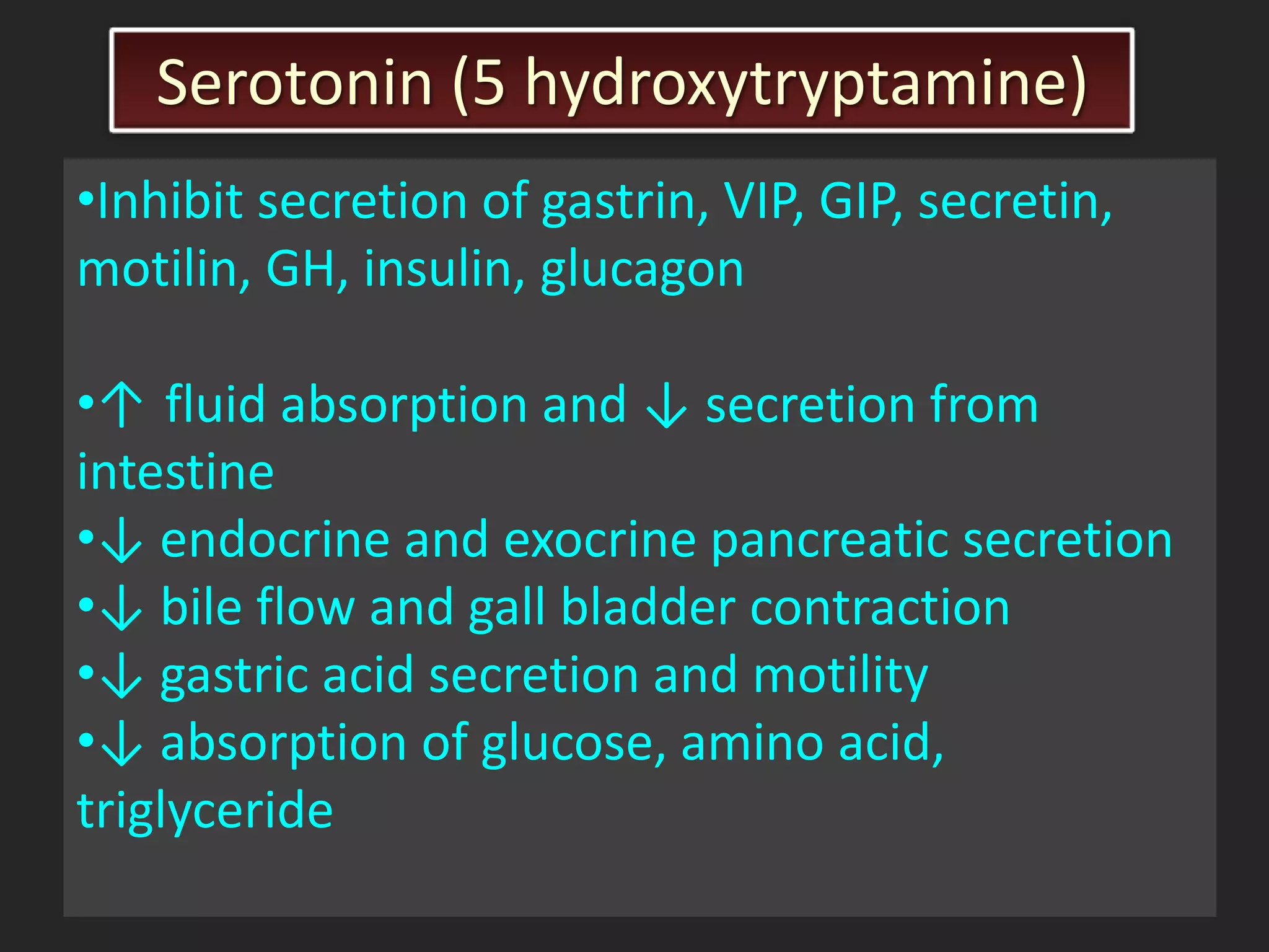 Serotonin (5 hydroxytryptamine)
•Inhibit secretion of gastrin, VIP, GIP, secretin,
motilin, GH, insulin, glucagon
•↑ fluid absorption and ↓ secretion from
intestine
•↓ endocrine and exocrine pancreatic secretion
•↓ bile flow and gall bladder contraction
•↓ gastric acid secretion and motility
•↓ absorption of glucose, amino acid,
triglyceride

 