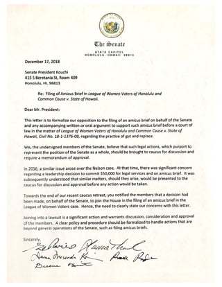 Dec. 17, 2018, letter to Senate President Ron Kouchi
