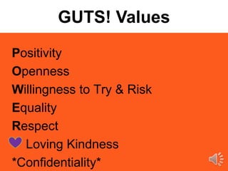 Positivity
Openness
Willingness to Try & Risk
Equality
Respect
Loving Kindness
*Confidentiality*
GUTS! Values
 