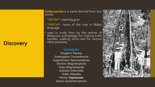 Discovery
Gutta-percha is a name derived from two
words.
 “GETAH”- meaning gum
 “PERTJA”- name of the tree in Malay
language
 used in crude form by the natives of
Malaysian archipelago for making knife
handles, walking sticks and for various
other purposes.
TAXONOMY
Kingdom: Plantae
Subkingdom:Tracheobionta
Superdivision: Spermatophyta
Division: Magnoliophyta
Class: Magnoliopsida
Subclass: Dilleniidae
Order: Ebenales
Family: Sapotaceae
Genus: Isonandra Species
 