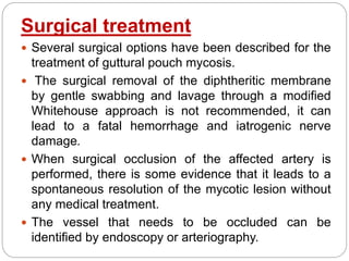 Surgical treatment
 Several surgical options have been described for the
treatment of guttural pouch mycosis.
 The surgical removal of the diphtheritic membrane
by gentle swabbing and lavage through a modified
Whitehouse approach is not recommended, it can
lead to a fatal hemorrhage and iatrogenic nerve
damage.
 When surgical occlusion of the affected artery is
performed, there is some evidence that it leads to a
spontaneous resolution of the mycotic lesion without
any medical treatment.
 The vessel that needs to be occluded can be
identified by endoscopy or arteriography.
 