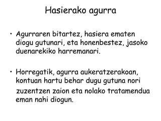 Hasierako agurra
• Agurraren bitartez, hasiera ematen
diogu gutunari, eta honenbestez, jasoko
duenarekiko harremanari.
• Horregatik, agurra aukeratzerakoan,
kontuan hartu behar dugu gutuna nori
zuzentzen zaion eta nolako tratamendua
eman nahi diogun.
 