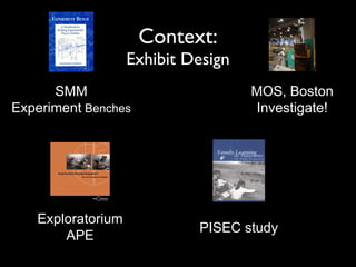 Context: Exhibit Design SMM Experiment  Benches Exploratorium APE MOS, Boston Investigate! PISEC study 