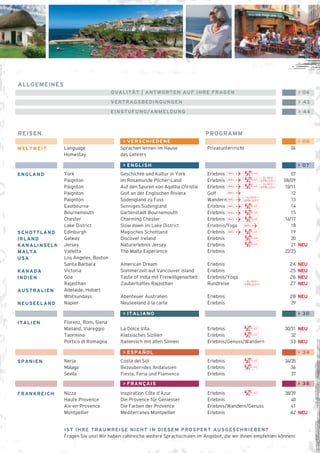 QUALITÄT | ANTWORTEN AUF IHRE FRAGEN > 04 
VERTRAGSBEDINGUNGEN > 43 
EINSTUFUNG/ANMELDUNG > 44 
ALLGEMEINES 
REISEN PROGRAMM 
> VERSCHIEDENE > 06 
Language Sprachen lernen im Hause Privatunterrricht 06 
Homestay des Lehrers 
> ENGLISH > 07 
York Geschichte und Kultur in York Erlebnis 07 
Paignton Im Rosamunde Pilcher-Land Erlebnis 08/09 
Paignton Auf den Spuren von Agatha Christie Erlebnis 10/11 
Paignton Golf an der Englischen Riviera Golf 12 
Paignton Südengland zu Fuss Wandern 13 
Eastbourne Sonniges Südengland Erlebnis 14 
Bournemouth Gartenstadt Bournemouth Erlebnis 15 
Chester Charming Chester Erlebnis 16/17 
Lake District Slow down im Lake District Erlebnis/Yoga 18 
Edinburgh Magisches Schottland Erlebnis 19 
Galway Discover Ireland Erlebnis 20 
Jersey Naturerlebnis Jersey Erlebnis 21 
Valletta The Malta Experience Erlebnis 22/23 
Los Angeles, Boston 
Santa Barbara American Dream Erlebnis 24 
Victoria Sommerzeit auf Vancouver Island Erlebnis 25 
Goa Taste of India mit Freiwilligenarbeit Erlebnis/Yoga 26 
Rajasthan Zauberhaftes Rajasthan Rundreise 27 
Adelaide, Hobart 
Whitsundays Abenteuer Australien Erlebnis 28 
Napier Neuseeland à la carte Erlebnis 29 
> ITALIANO > 30 
Florenz, Rom, Siena 
Mailand, Viareggio La Dolce Vita Erlebnis 30/31 
Taormina Klassisches Sizilien Erlebnis 32 
Portico di Romagna Italienisch mit allen Sinnen Erlebnis/Genuss/Wandern 33 
> ESPAÑOL > 34 
Nerja Costa del Sol Erlebnis 34/35 
Málaga Bezauberndes Andalusien Erlebnis 36 
Sevilla Fiesta, Feria und Flamenco Erlebnis 37 
> FRANÇAIS > 38 
Nizza Inspiration Côte d’Azur Erlebnis 38/39 
Haute Provence Die Provence für Geniesser Erlebnis 40 
Aix-en-Provence Die Farben der Provence Erlebnis/Wandern/Genuss 41 
Montpellier Mediterranes Montpellier Erlebnis 42 
IST IHRE TRAUMREISE NICHT IN DIESEM PROSPEKT AUSGESCHRIEBEN? 
Fragen Sie uns! Wir haben zahlreiche weitere Sprachschulen im Angebot, die wir Ihnen empfehlen können! 
WELTWEIT 
ENGLAND 
SCHOTTLAND 
IRLAND 
KANALINSELN 
MALTA 
USA 
KANADA 
INDIEN 
AUSTRALIEN 
NEUSEELAND 
ITALIEN 
SPANIEN 
FRANKREICH 
NEU 
NEU 
NEU 
NEU 
NEU 
NEU 
NEU 
NEU 
NEU 
 