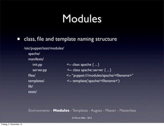 Modules
                 •        class, ﬁle and template naming structure
                          /etc/puppet/test/modules/
                             apache/
                             manifests/
                                 init.pp              <-- class apache { ... }
                                 server.pp            <-- class apache::server { ... }
                             ﬁles/                    <-- “puppet:///modules/apache/<ﬁlename>”
                             templates/               <-- template(‘apache/<ﬁlename>’)
                             lib/
                             tests/



                            Environments - Modules - Templates - Augeas - Master - Masterless
                                                         © Martin Alfke - 2012

Freitag, 2. November 12
 