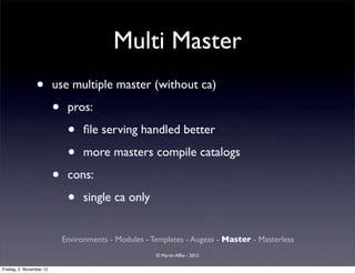 Multi Master
                 •        use multiple master (without ca)

                          •    pros:

                               •   ﬁle serving handled better

                               •   more masters compile catalogs

                          •    cons:

                               •   single ca only


                              Environments - Modules - Templates - Augeas - Master - Masterless
                                                        © Martin Alfke - 2012

Freitag, 2. November 12
 