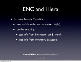 ENC and Hiera
                     •    External Nodes Classiﬁer

                          •   executable with one parameter (fqdn)

                          •   can be anything

                              •   get info from ﬁlesystem: cat $1.yaml

                              •   get info from inventory database




                                     ENC and Hiera - Puppet DB - Dashboard
                                                  © Martin Alfke - 2012

Freitag, 2. November 12
 