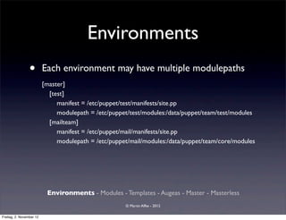 Environments
                 •        Each environment may have multiple modulepaths
                          [master]
                            [test]
                               manifest = /etc/puppet/test/manifests/site.pp
                               modulepath = /etc/puppet/test/modules:/data/puppet/team/test/modules
                            [mailteam]
                               manifest = /etc/puppet/mail/manifests/site.pp
                               modulepath = /etc/puppet/mail/modules:/data/puppet/team/core/modules




                           Environments - Modules - Templates - Augeas - Master - Masterless
                                                      © Martin Alfke - 2012

Freitag, 2. November 12
 