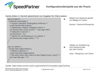 Web-Performance-Optimierung mit varnish
GUUG Frühjahrsfachgespräch, 01.03.2013
Seite: 13 / 25© SpeedPartner GmbH
Konfigurationsbeispiele aus der Praxis
Cache-Zeiten in Varnish abweichend von Angaben für Client setzen:
sub vcl_fetch {
if (beresp.cacheable) {
/* Expires (absolute Zeitangabe) entfernen */
unset beresp.http.expires;
/* Stattdessen relative Gültigkeit setzen */
set beresp.http.cache-control = "max-age=900";
/* Haltezeit in Varnish */
set beresp.ttl = 1w;
/* Marker für Verarbeitung in vcl_deliver */
set beresp.http.magicmarker = "1";
}
}
sub vcl_deliver {
if (resp.http.magicmarker) {
/* Marker entfernen */
unset resp.http.magicmarker;
/* Bei Abruf durch den Client ist das Objekt immer „frisch“ */
set resp.http.age = "0";
}
}
Quelle: https://www.varnish-cache.org/trac/wiki/VCLExampleLongerCaching
Objekt vom Backend geholt;
zur Ablage im Cache
beresp = Backend-Response
Objekt zur Auslieferung;
vom Backend oder
aus dem Cache
resp = Response zum Client
 