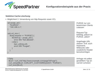 Web-Performance-Optimierung mit varnish
GUUG Frühjahrsfachgespräch, 01.03.2013
Seite: 16 / 25© SpeedPartner GmbH
Anfrage mit selbst
gewähltem Typ an
varnish schicken
Konfigurationsbeispiele aus der Praxis
Selektive Cache-Löschung:
● Möglichkeit 3: Verwendung von http-Requests sowie VCL
...
acl purge_acl {
"localhost";
"192.168.1.1";
}
sub vcl_recv {
if(req.request == "PURGE") {
if(!client.ip ~ purge_acl) {
error 405 "Not allowed";
} else {
ban_url(req.url);
error 200 "Purged";
}
}
}
<?php
$curl = curl_init("http://www.example.com/pageToPurge");
curl_setopt($curl, CURLOPT_CUSTOMREQUEST, "PURGE");
curl_exec($curl);
PURGE nur von
bestimmten Clients
zulassen
Request-Typ
beliebig, jedoch ist
PURGE „üblich“
Angefragte URL
clearen. Evtl. auch
Hostname,
Wildcards oder
zusätzliche Header
berücksichtigen
 