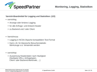 Web-Performance-Optimierung mit varnish
GUUG Frühjahrsfachgespräch, 01.03.2013
Seite: 18 / 25© SpeedPartner GmbH
Monitoring, Logging, Statistiken
Varnish-Boardmittel für Logging und Statistiken: (1/2)
● varnishlog
● Anzeige oder binäres Logging
● für alle Anfrage- und Antwort-Header
● zu Backend und / oder Client
● Varnishncsa
● Logging in NCSA-/Apache-kompatiblem Text-Format
● Kann z.B. für klassische Besucherstatistik-
Werkzeuge o.ä. Verwendet werden
● varnishtop
● Auswertung Headerdaten nach Häufigkeit
(häufigste URLs, Anfragetypen,
Client- oder Backend-Merkmale, ...)
 