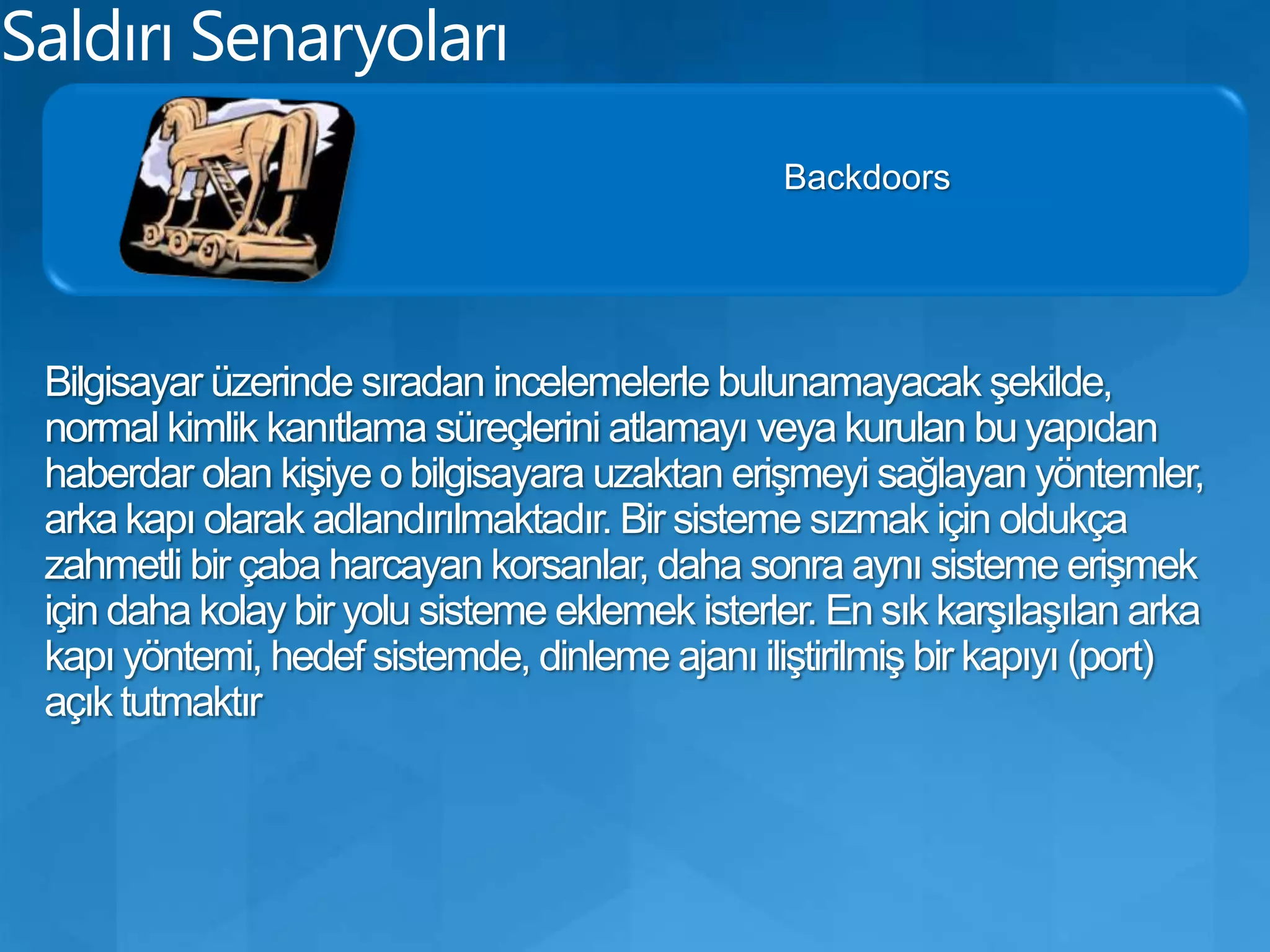 Saldırı SenaryolarıNull Session:Windows işletim sistemi, dışarıdaki kullanıcılara network üzerinde hiç bir hakka sahip olmadan session, user ve share information'ı verir.NetBios null session hedef makinede özel port numaraları kullanır. Null oturumların, TCP port 135, 137, 139 ve/veya 445 numaralı portlara erişmeye ihtiyaçları vardır.Enumeration