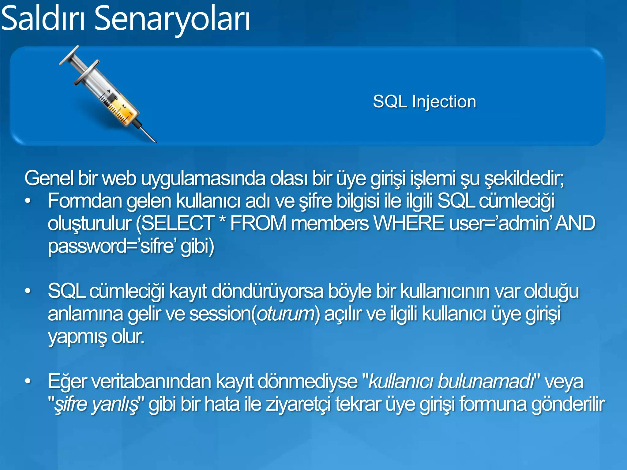 Saldırı SenaryolarıAraçları:Microsoft's Net MonitorEtherealWiresharkCainMSN Checker SnifferSniffers