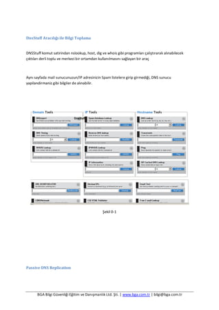 BGA Bilgi Güvenliği Eğitim ve Danışmanlık Ltd. Şti. | www.bga.com.tr | bilgi@bga.com.tr
DnsStuff Aracılığı ile Bilgi Toplama
DNSStuff komut satirindan nslookup, host, dig ve whois gibi programları çalıştırarak alınabilecek
çıktıları derli toplu ve merkezi bir ortamdan kullanılmasını sağlayan bir araç
Aynı sayfada mail sunucunuzun/IP adresinizin Spam listelere girip girmediği, DNS sunucu
yapilandirmaniz gibi bilgiler de alınabilir.
Şekil 0-1
Passive DNS Replication
 