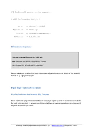 BGA Bilgi Güvenliği Eğitim ve Danışmanlık Ltd. Şti. | www.bga.com.tr | bilgi@bga.com.tr
[*] Sending null remoter service request...
[ .NET Configuration Analysis ]
Server -> Microsoft-IIS/6.0
Application -> /home.aspx
FilePath -> D:example-webasproot
ADNVersion -> 1.0.3705.288
SSH Sürümünü Sorgulama
C:netcat>nc www.lifeoverip.net 2000 -vvv
www.lifeoverip.net [80.93.212.86] 2000 (?) open
SSH-2.0-OpenSSH_4.5p1 FreeBSD-20061110
Banner yakalamnın bir adım ötesi bu işi otomatize araçlara teslim etmektir. Nmap ve THC Amap bu
hizmeti en iyi sağlayan iki araçtır.
Diğer Bilgi Toplama Yöntemleri
Web Sayfası Yorum Satırlarından Bilgi Toplama
Bazen yazılımcılar geliştirme sürecinde kaynak koda çeşitli bilgiler yazarlar ve bunları sonra unuturlar.
Buradaki notlar çok basit ve işe yaramaz olabileceği gibi yazılan uygulamaya ait username/password
bilgilerini de barındırıyor olabilir.
 