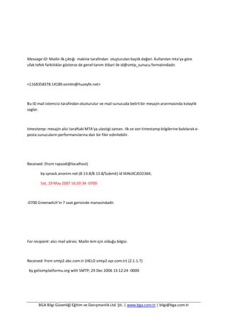 BGA Bilgi Güvenliği Eğitim ve Danışmanlık Ltd. Şti. | www.bga.com.tr | bilgi@bga.com.tr
Message ID: Mailin ilk çıktığı makine tarafindan oluşturulan başlık değeri. Kullanılan mta’ya göre
ufak tefek farklılıklar gösterse de genel tanım itibari ile id@smtp_sunucu formatındadır.
<1168358378.14189.ezmlm@huzeyfe.net>
Bu ID mail istemcisi tarafindan olusturulur ve mail sunucuda belirli bir mesajin aranmasinda kolaylik
saglar.
timestamp: mesajin alici taraftaki MTA'ya ulastigi zaman. Ilk ve son timestamp bilgilerine bakılarak e-
posta sunucularin performanslarına dair bir fikir edinilebilir.
Received: (from rapsodi@localhost)
by synack.anonim.net (8.13.8/8.13.8/Submit) id l4JNzXCJ032364;
Sat, 19 May 2007 16:39:34 -0700
-0700 Greenwitch’in 7 saat gerisinde manasindadir.
For recipient: alıcı mail adresi. Mailin kim için olduğu bilgisi.
Received: from smtp2.abc.com.tr (HELO smtp2.xyz.com.tr) (2.1.1.7)
by gelisimplatformu.org with SMTP; 29 Dec 2006 13:12:24 -0000
 