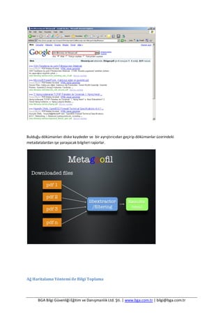 BGA Bilgi Güvenliği Eğitim ve Danışmanlık Ltd. Şti. | www.bga.com.tr | bilgi@bga.com.tr
Bulduğu dökümanları diske kaydeder ve bir ayrıştırıcıdan geçirip dökümanlar üzerindeki
metadatalardan işe yarayacak bilgileri raporlar.
Ağ Haritalama Yöntemi ile Bilgi Toplama
 