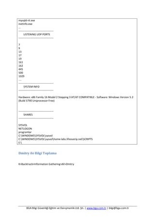 BGA Bilgi Güvenliği Eğitim ve Danışmanlık Ltd. Şti. | www.bga.com.tr | bilgi@bga.com.tr
mysqld-nt.exe
inetinfo.exe
...
----------------------------------------
LISTENING UDP PORTS
----------------------------------------
7
9
13
17
19
161
162
445
500
1029
....
----------------------------------------
SYSTEM INFO
----------------------------------------
Hardware: x86 Family 16 Model 2 Stepping 3 AT/AT COMPATIBLE - Software: Windows Version 5.2
(Build 3790 Uniprocessor Free)
----------------------------------------
SHARES
----------------------------------------
SYSVOL
NETLOGON
programlar
C:WINDOWSSYSVOLsysvol
C:WINDOWSSYSVOLsysvolhome-labs.lifeoverip.netSCRIPTS
E:
Dmitry ile Bilgi Toplama
K>Backtrack>Information Gathering>All>Dmitry
 