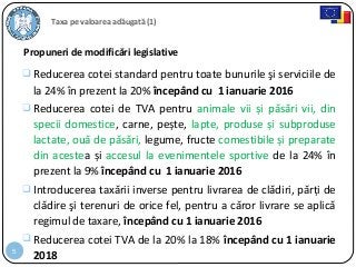 5
Taxa pe valoarea adăugată (1)
 Reducerea cotei standard pentru toate bunurile şi serviciile de
la 24% în prezent la 20% începând cu 1 ianuarie 2016
 Reducerea cotei de TVA pentru animale vii și păsări vii, din
specii domestice, carne, pește, lapte, produse și subproduse
lactate, ouă de păsări, legume, fructe comestibile și preparate
din acestea și accesul la evenimentele sportive de la 24% în
prezent la 9% începând cu 1 ianuarie 2016
 Introducerea taxării inverse pentru livrarea de clădiri, părţi de
clădire şi terenuri de orice fel, pentru a căror livrare se aplică
regimul de taxare, începând cu 1 ianuarie 2016
 Reducerea cotei TVA de la 20% la 18% începând cu 1 ianuarie
2018
Propuneri de modificări legislative
 