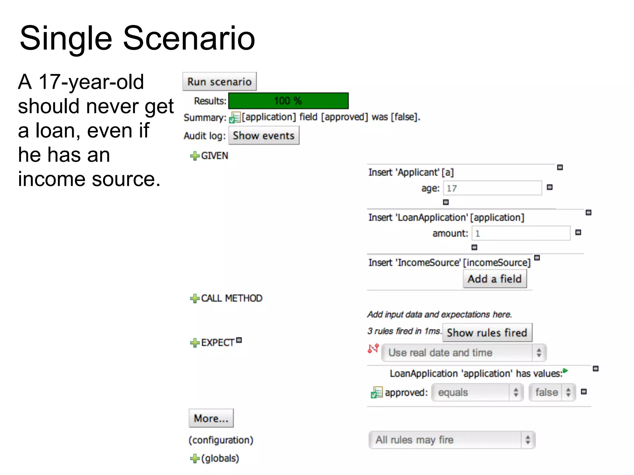 Single Scenario
A 17-year-old
should never get
a loan, even if
he has an
income source.
 