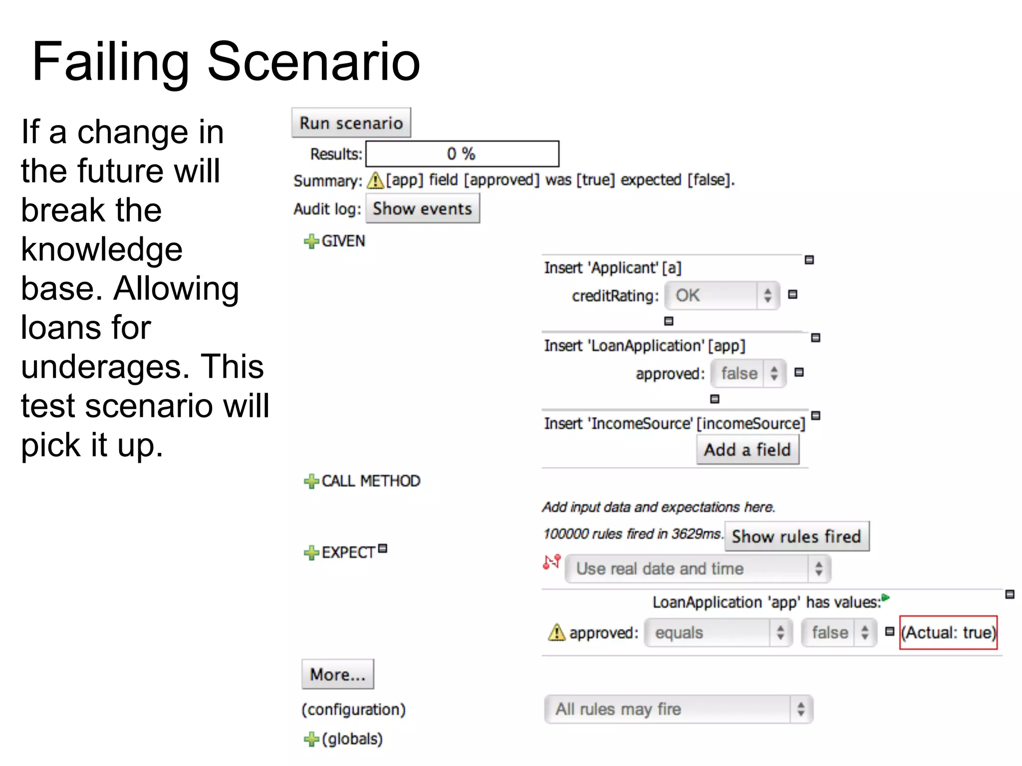 Failing Scenario
If a change in
the future will
break the
knowledge
base. Allowing
loans for
underages. This
test scenario will
pick it up.
 