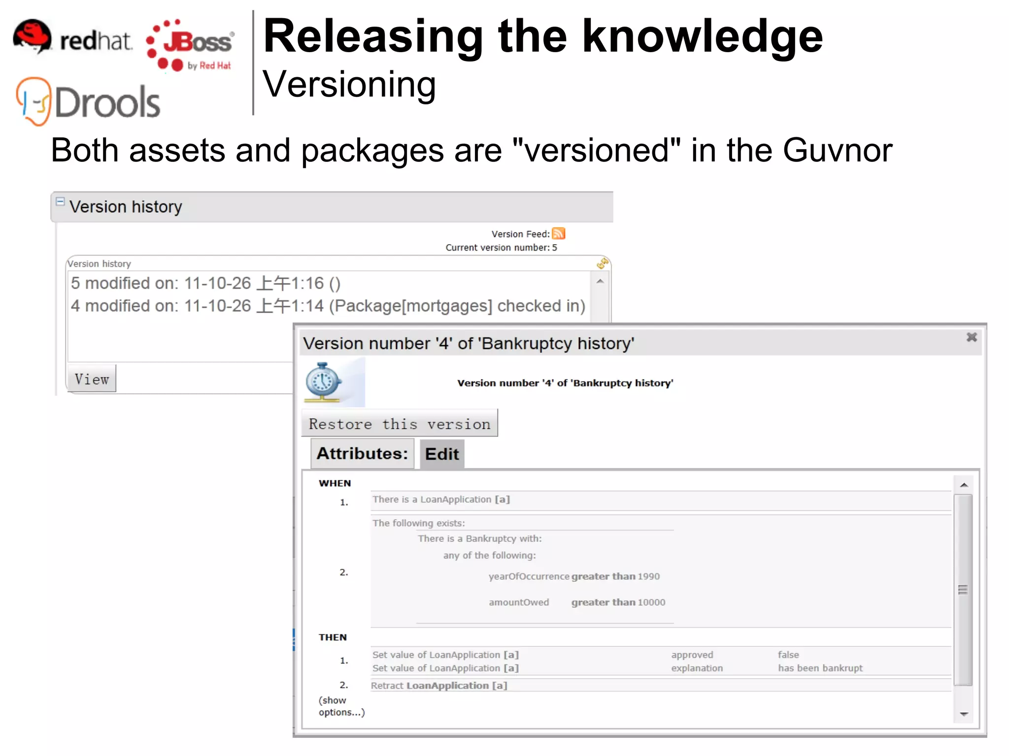 Releasing the knowledge
             Versioning
Both assets and packages are "versioned" in the Guvnor
 