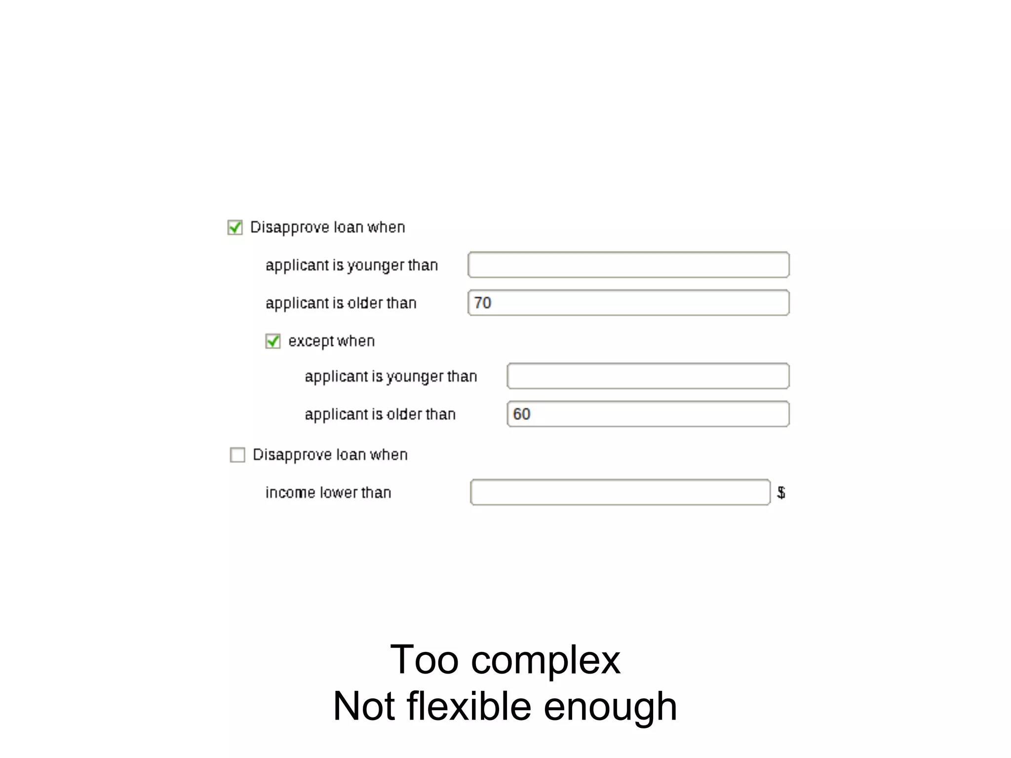 Too complex
Not flexible enough
 